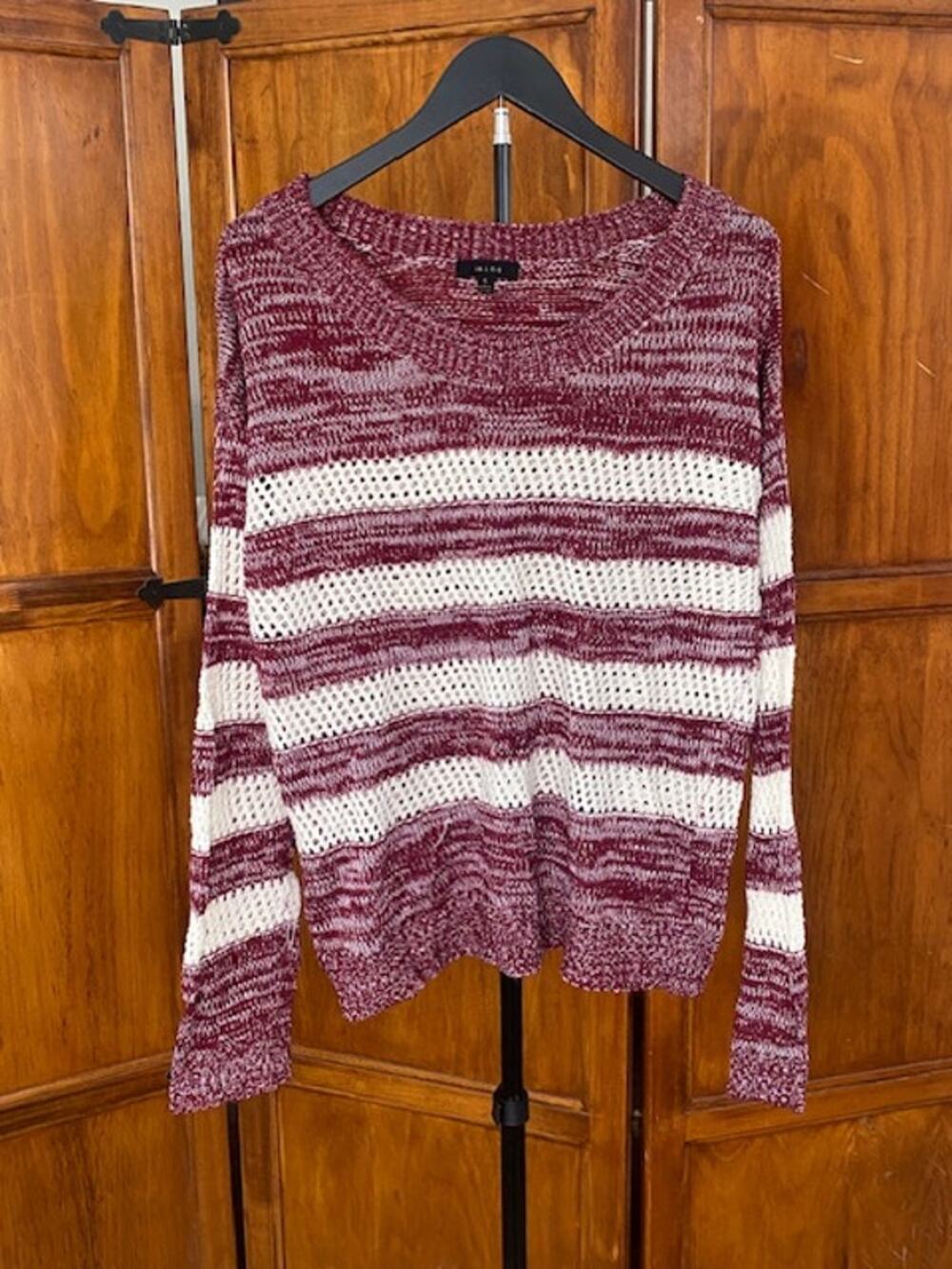 Mine Women’s Large Maroon Cream Striped Open Knit Sweater Long Sleeve